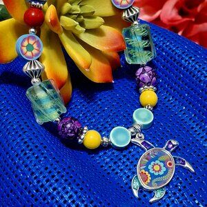 Artisan Hand Crafted Bracelet Turtle Flower Colorful Beaded OSFM